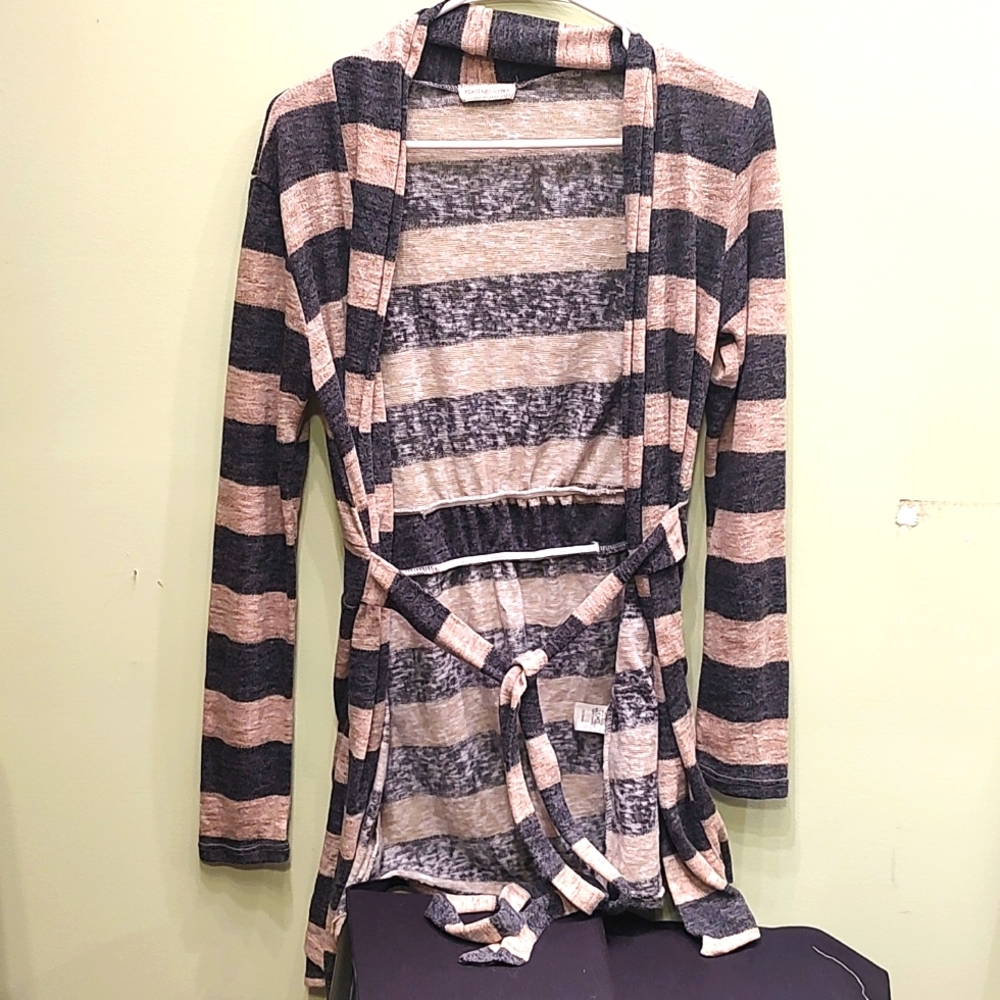 Flamingo Urban Navy/ Tan Striped Knitted Belted Long Line Sweater Cardigan Lg